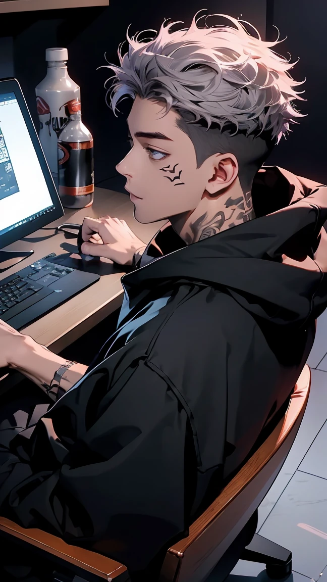 highest quality, 8K, high resolution image, anime style Jujutsu Kaisen, detailed strokes, bored look, blurry, purple light reflecting from it, (close angle), 1 man, male, model, (Ryomen Sukuna's Tattoos) ,Hands tap on the keyboard, cool guy, multicolored background with different geometric shapes, around stickers, muscular, grey hair, grey eyes, short hair hairstyle: undercut, puffy chest.  he is wearing a large hoodie and black sweatpants, socks,, black sweatpants and gold link chain, sweatpants, shaved body, hand in trouser pocket, gold link chain, background: he is a hacker and sits on a gaming chair in front of several large computer monitors in a dimly lit room and types concentratedly and quickly into a computer keyboard. On the table there is a bag of chips and a can of energy drink, computer monitors, computer keyboard, computer mouse, desk, gaming chair, the room is a hacker's den, (Back view, back to the viewer)
