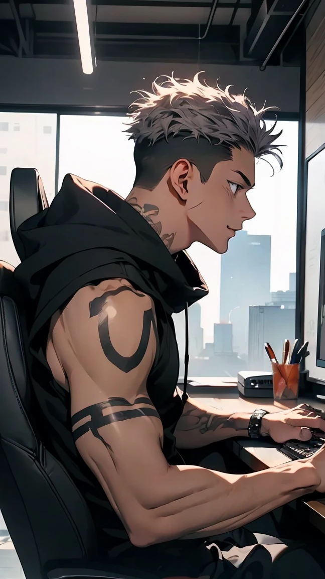 highest quality, 8K, high resolution image, anime style Jujutsu Kaisen, detailed strokes, bored look, blurry, purple light reflecting from it, (close angle), 1 man, male, model, (Ryomen Sukuna's Tattoos) ,Hands tap on the keyboard, cool guy, multicolored background with different geometric shapes, around stickers, muscular, grey hair, grey eyes, short hair hairstyle: undercut, puffy chest.  he is wearing a large hoodie and black sweatpants, socks,, black sweatpants and gold link chain, sweatpants, shaved body, hand in trouser pocket, gold link chain, background: he is a hacker and sits on a gaming chair in front of several large computer monitors in a dimly lit room and types concentratedly and quickly into a computer keyboard. On the table there is a bag of chips and a can of energy drink, computer monitors, computer keyboard, computer mouse, desk, gaming chair, the room is a hacker's den, (Back view, back to the viewer)
