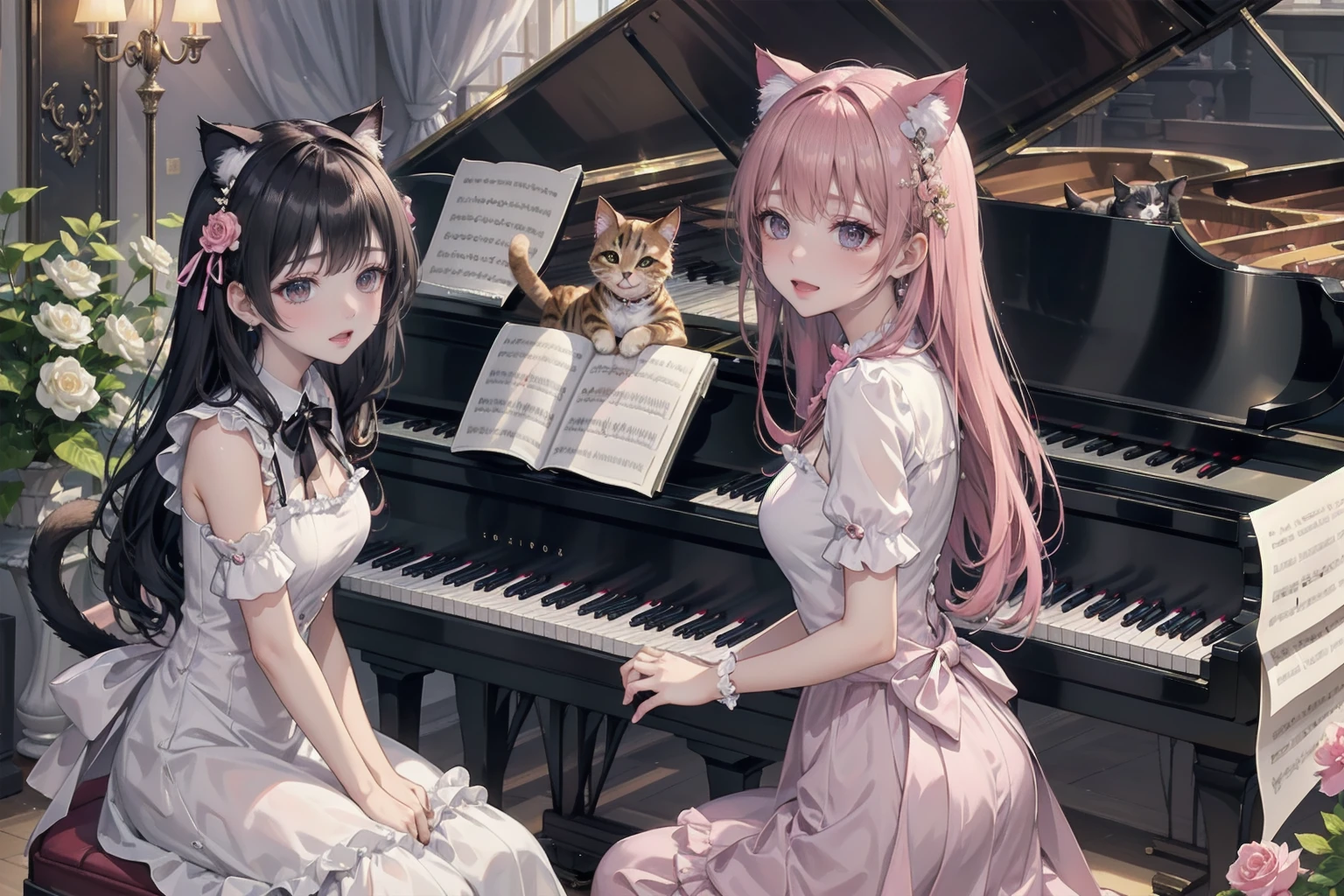 、Multiple cats are getting in the way、Viewers watching from the side、One person、One Woman、beautiful girl、Moe、Cute appearance、Very cute clothes、Delicate pink lolita dress、Smile、One Grand Piano、large room、Sitting well in a black chair、Piano playing、Classic、Music Classes、One piano、One piano、Solo Piano、