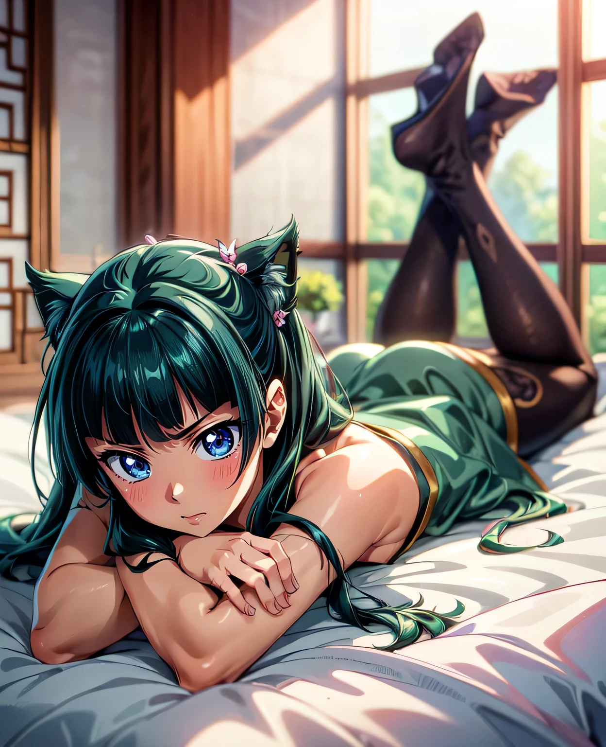 (Masterpiece, High Quality, Top quality, High-Detailed, Detailed CG, Cinematic Shadow, Cinematic Scene, Beautiful Detailed Eyes, Ultra Resolution, Depth of Field, High Resolution, Masterpiece: 1.2), Anime art style, Very detailed, Dynamic Angle, Teen Style, Detailed Green Hair, Detailed Blue Eyes, Slim Body, Cat Ear, Sparkling Eyes, Hair Accessory, Earrings, Slightly Blunt Bangs, Looking at the Audience, (Blush Expression:1.2), (Angry Expression:1.2), (Dark Green Hair), Purple Eye, Five Fingers, Good Composition, Arms, Legs, Feet, Thighs, Medium Breasts, Medium Size Breasts, Blur Background, Chinese Architectures