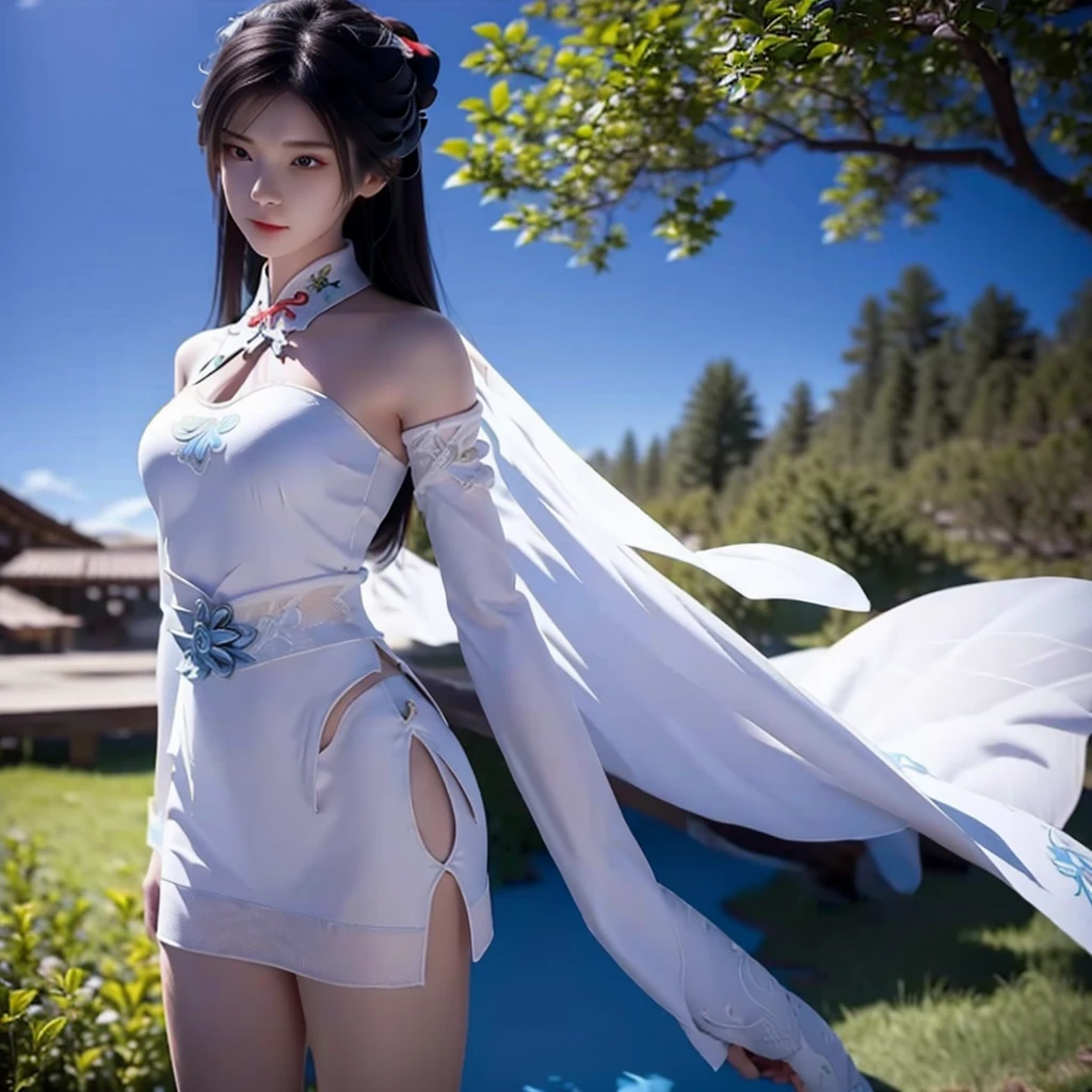 First place girl，Wearing a white skinny cheongsam，Bare shoulders，3D Chinese comic style works，Fairy fantasy