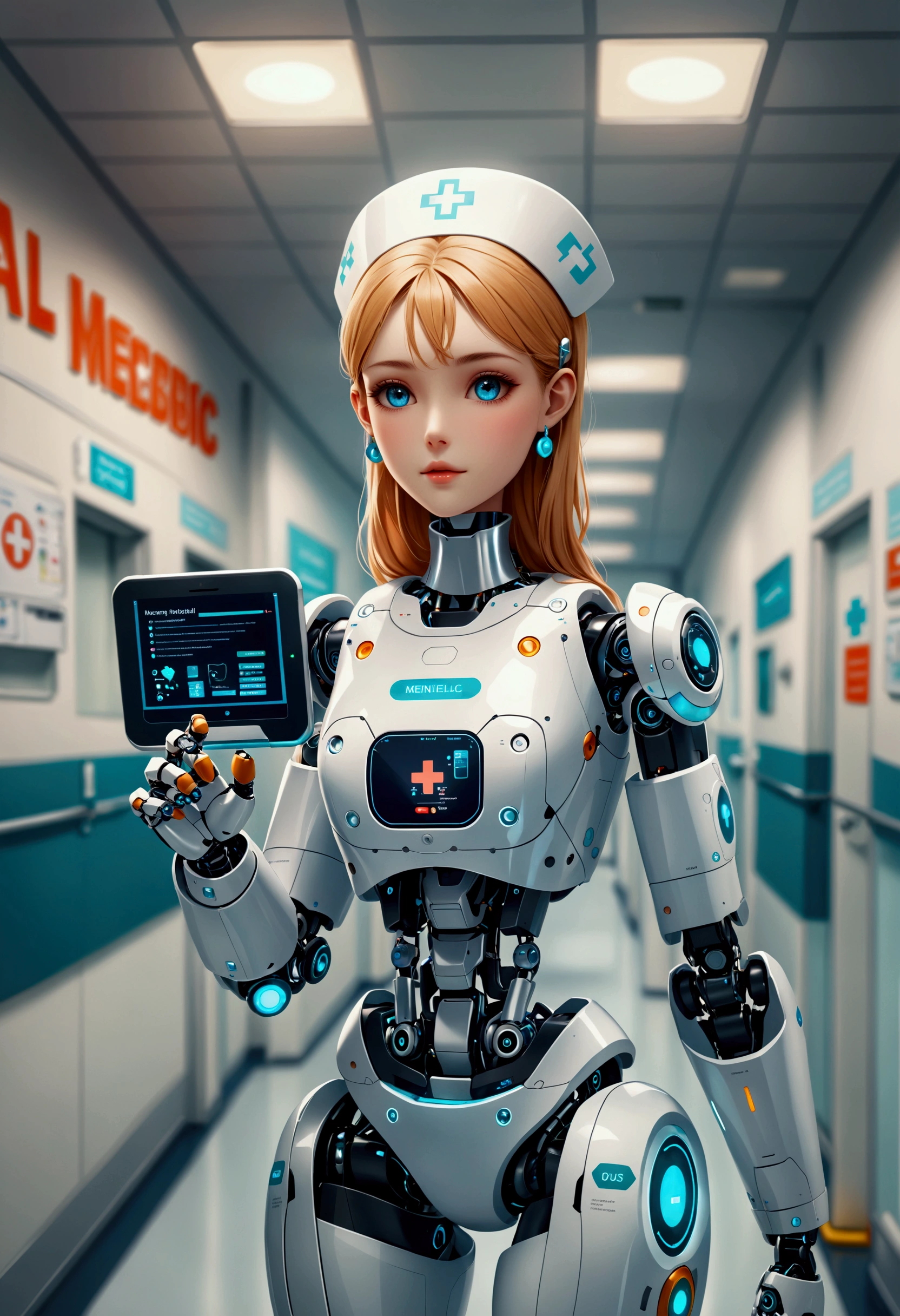 An image depicting a robotic nurse of Caucasian descent doing her duties in a typical American hospital. The robot has sleek metallic components, an advanced touchscreen interface for patient interaction, and manipulative arms to assist in a variety of tasks like administering medication, arranging beddings, and managing medical equipment. The background features common American hospital details like clean white corridors, signage in English, and various medical equipments. Even though this is a robotic figure, still she possesses a sense of empathy and dedication which are inherent traits in nursing.