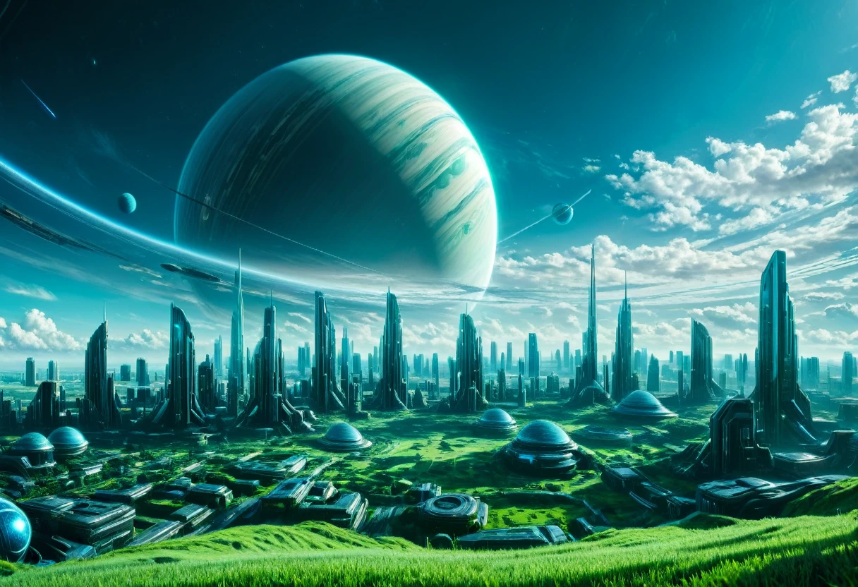 create the vision of a perfect planet with a surface with trimmed and vast green garden grass on the surface, there are rounded buildings and ultra-modern cities on the surface, sky with daytime space and dense atmosphere light blue color,  surreal image, There is the planet Saturn faded in the distance at the top of the image with its beautiful rings seen from the surface in the sky through the dense atmosphere, clear atmosphere with transparent clouds , the planet is immense and is setting on the horizon, cyberpunk style from a distance, space is clear and you can only see the silhouette of one side of the planet through the dense atmosphere, clear total, clear horizon, penumbra, as realistic as possible, bright environment without light without sun, starry sky. there&#39;s a space cruiser soaring in the sky.
