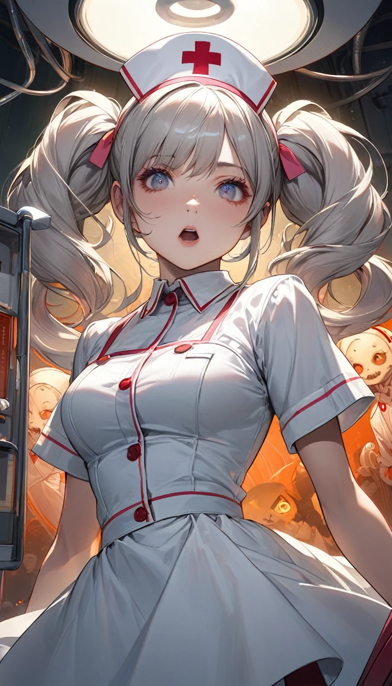 (mad scientist), 8k resolution, masterpiece, Highest quality, Award-winning works, unrealistic, Sexy Womanだけ, healthy body, Age 25, White wavy long hair, hair band, big firm bouncing chests, (Crazy Nurse), A terrifying sight, fear, Very detailed, Digital Painting, artステーション, コンセプトart, Smooth, Sharp focus, shape, artジャム、Greg Rutkowski、Alphonse Mucha、William Adolphe Bouguereau、art：Stephanie Law , operating room, spooky, fear, Full Shot, zombee, Symmetric, Greg Rutkowski, Charlie Bowwater, beep, Unreal 5, Surreal, Dynamic Lighting, ファンタジーart, Complex colors, Horrific scenes, Small face, Very delicate look, Delicate eye depiction, Upper body close-up,, erotic, dynamic sexy pose, Sexy Woman, Healthy body, 24-year-old female, doaxvv_Marie Rose, mad nurse, height: 150cm, Twin tails, To flap one&#39;s hair, Glaring at the camera, look up, Creepy Laughter, (mad look, Bloodshot eyes:1.3), (Bloody nurse uniform, Bloody gloves:1.4), Tight Skirt, stockings, pumps, Brandishing a scalpel