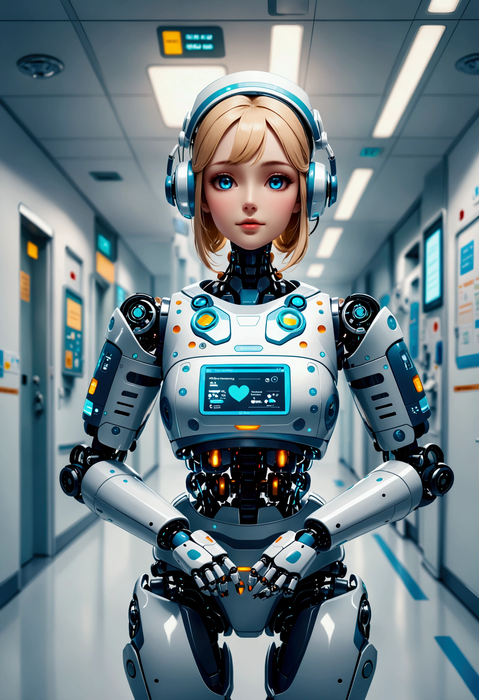 An image depicting a robotic nurse of Caucasian descent doing her duties in a typical American hospital. The robot has sleek metallic components, an advanced touchscreen interface for patient interaction, and manipulative arms to assist in a variety of tasks like administering medication, arranging beddings, and managing medical equipment. The background features common American hospital details like clean white corridors, signage in English, and various medical equipments. Even though this is a robotic figure, still she possesses a sense of empathy and dedication which are inherent traits in nursing.