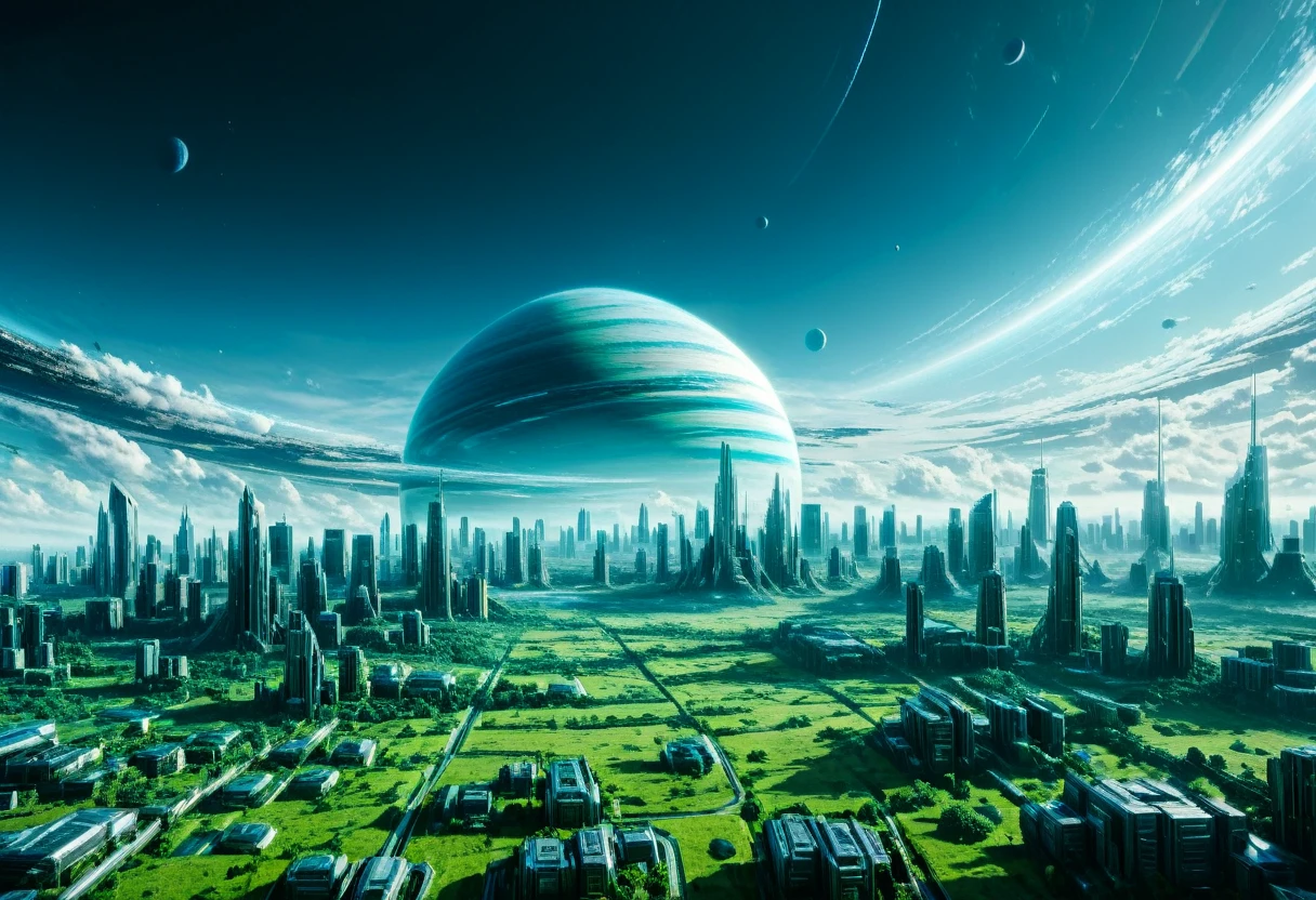 create the vision of a perfect planet with a surface with trimmed and vast green garden grass on the surface, there are rounded buildings and ultra-modern cities on the surface, sky with daytime space and dense atmosphere light blue color,  surreal image, It has the transparent planet Saturn in the distance at the top of the image with its beautiful rings around it seen from the surface in the sky through the dense atmosphere, clear atmosphere with transparent clouds , the planet is immense and is setting on the horizon, cyberpunk style from a distance, space is clear and you can only see the silhouette of one side of the planet through the dense atmosphere, clear total, clear horizon, penumbra, as realistic as possible, bright environment without light without sun, starry sky. there&#39;s a space cruiser soaring in the sky.
