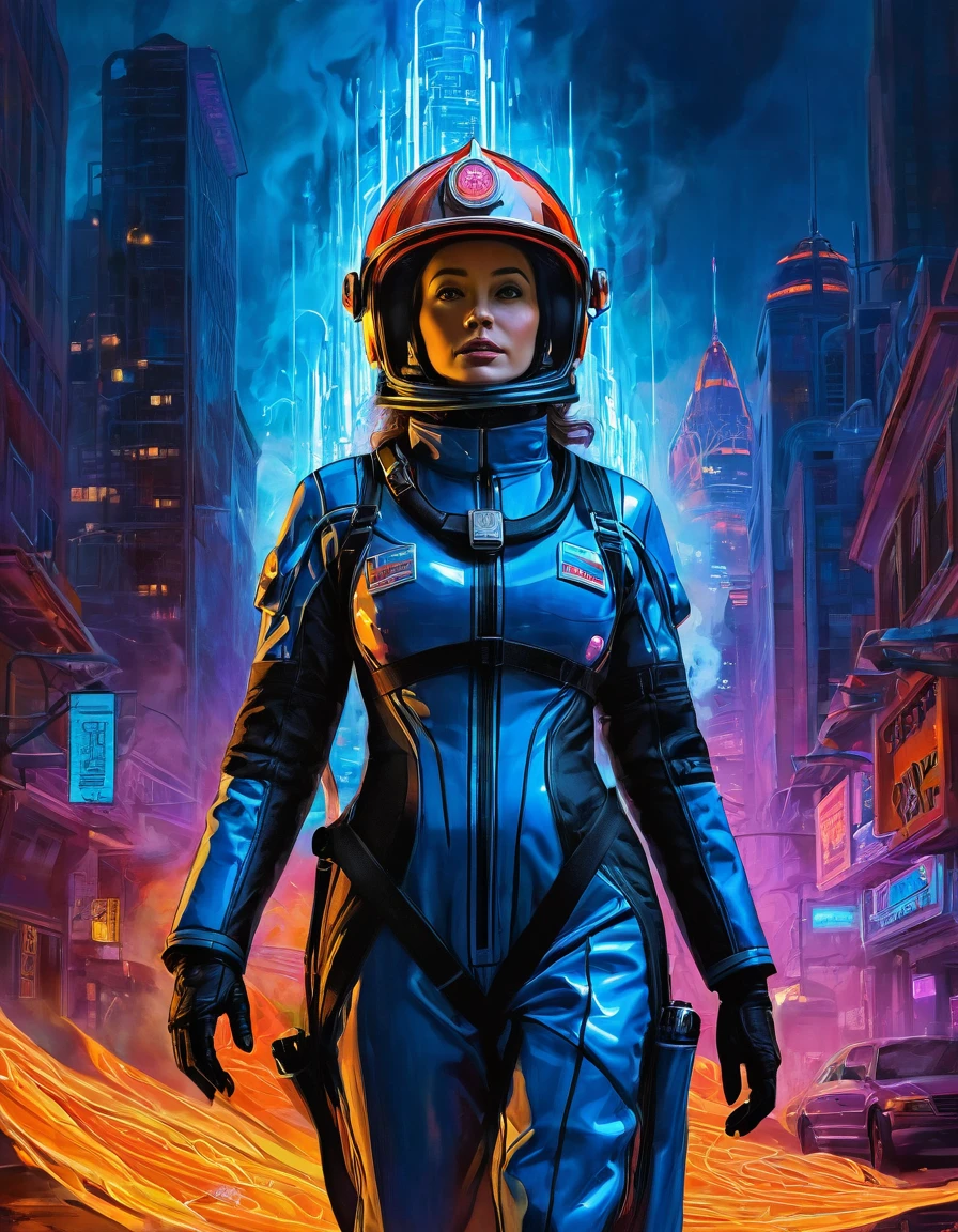 A devout emergency response: Mother Mary Rescued - Futuristic Sci-Fi Artistic rendition, inspired by the imaginative style of Syd Mead, set against a vibrant, neon-lit, urban skyline, depicting a high-tech, bio-mechanical fireman heroically carrying the iconic Virgin Mother to safety, amidst a swirling vortex of flames, smoke, and debris, with intricate circuitry and glowing blue lines tracing the contours of the fireman's suit, as Mary's flowing robes billow like a force field around the duo, framing a captivating juxtaposition of faith and technology