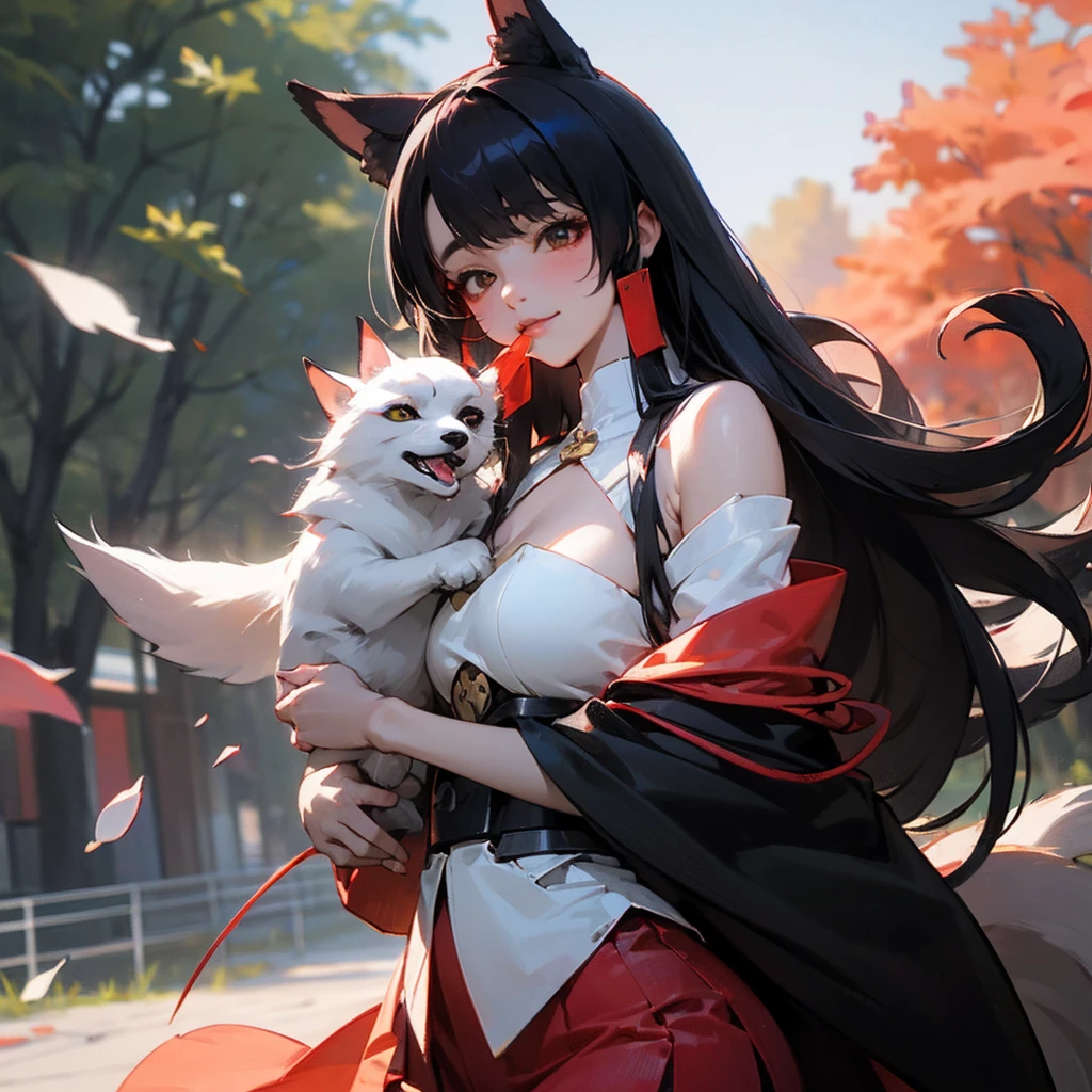 masterpiece, best quality, 16K, uhd, very high resolution, (realistic:1.45), RAW photos, (reality _ realistic 원시 사진), (whole body), (full shot), standing, dynamic pose, professional photography, official art,  Akagi _ \(azur lane \), Akagi_ nose스프레 , 1 girl, black fox ears 와 여우 tail를 한 , holding an arctic baby fox, black hair, long hair, beautiful face, eye , nose , mouth , 붉은 색 mouth술 , 반짝이는 mouth술, 매우 realistic인 피부 결 , White skin, perfect proportions의 몸매, slim and beautiful body, perfect pretty hands, finger, perfect proportions , beautiful long legs, Kimono in red and black with cherry blossom pattern, (Open shoulder), black short skirt, walk in the forest, japanese shoes, 검붉은 색 eye, animal ears, black fox ears, down, 동울 down, tail, 여러가지 색 여우 tail, 다중 tail, smile, big bust, round big ass, afternoon , light , realistic light, realistic 질감 있는 피부 , super detail, 