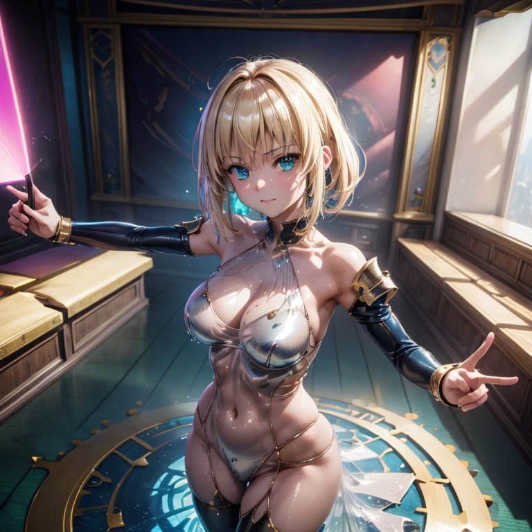 ((Highest quality)), ((masterpiece)), (detailed:1.4), 3d, Beautiful cybernetic girl looking at camera with detailed muscular realistic masterpiece, Beautiful Cyberpunk Woman Image,High resolution (High Dynamic Range),Ray Tracing,NVIDIA,Super Resolution,Unreal 5,Scattered beneath the surface,PBR Texturing,Post-processing,Maximum clarity and sharpness,Multilayer Texture,Albedo and specular maps,Surface Shading,Accurate simulation of light-matter interactions,Perfect Proportions,Octane Rendering,Two-tone lighting,wide aperture,Low ISO,White balance,Three-part method,8K RAW, Active Pause, Action pose, (Gold Parts), fringe, whole body, Emerald Blue Eyes, very beautiful shorthair, (A faint smile), ((Very elegant)), ((Very luxurious)), ((Very large room)), (Suite Room), (From above),masterpiece,8k,(Silicone Skin), ((In-focus photo)), ((Focused photos)), ((People are not blurred)), 4K,bionde、Attractions、A beautiful, high-contrast, rainbow-hued costume、Tight clothing ,sprawl ,Heart symbol,(Glowing Skin、Pink and blue light source),huge , ((Heavy breathing:1.3)), , Little devil smile, Angle from below、、throw、((Illuminated by neon and black lights)))、Dancing, (with a gun in hand)、((Two perfect hands))、((Perfect Five Fingers))、