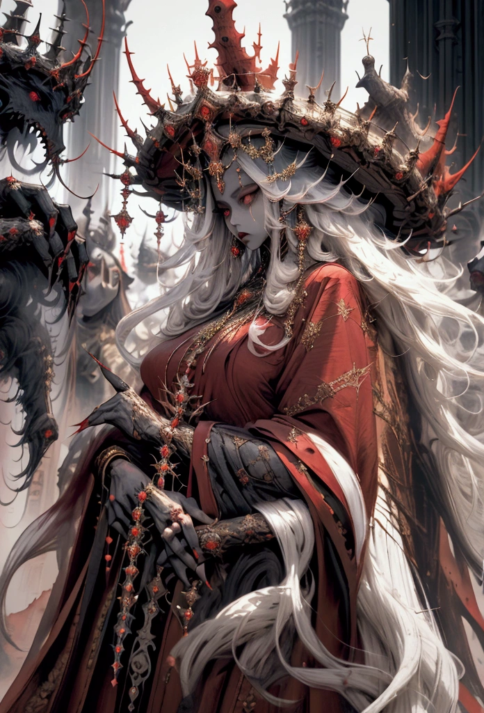 Monster Queen,Beautiful and dignified,Majesty,The people below worship,long flowing hair,Wearing a big red robe,Wearing a yellow crown,Evil big eyes,White skin,