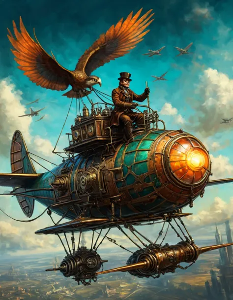 a steampunk flying machine with a humanoid or fantasy pilot, detailed and dynamic background, oil painting:1.2,  canvas texture,...
