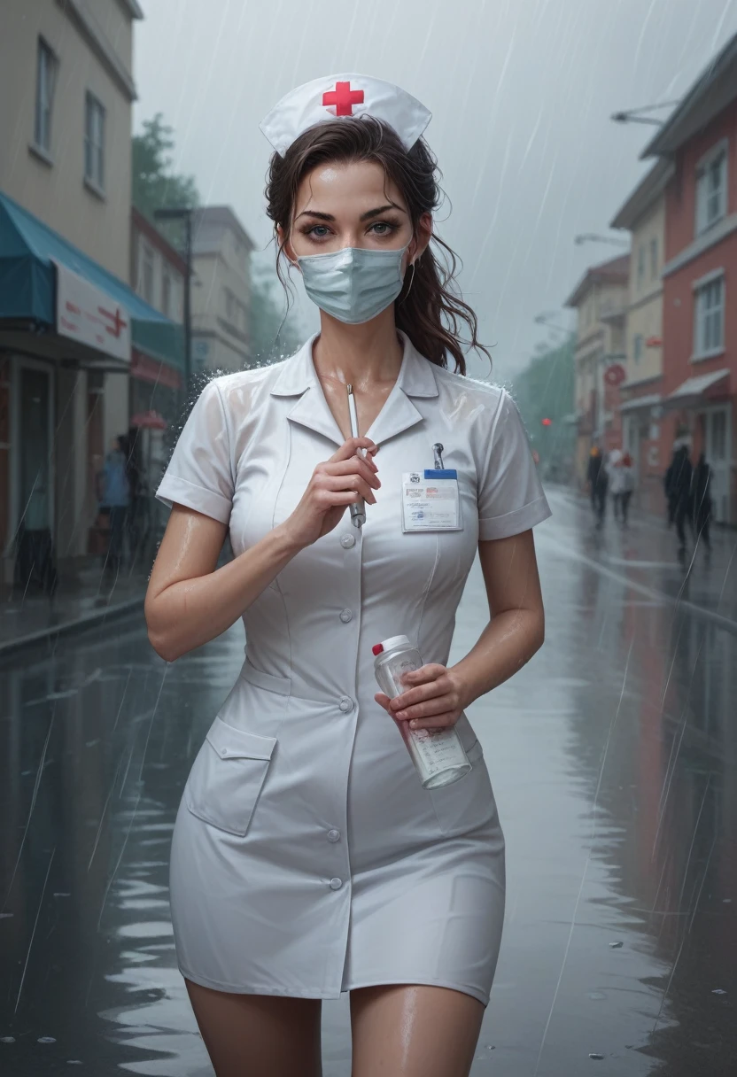 best quality, high resolution, ultra detailed, realistic, female nurse, holding medicines, wearing medical mask, heavy rain, wind, thunder, reflections, 