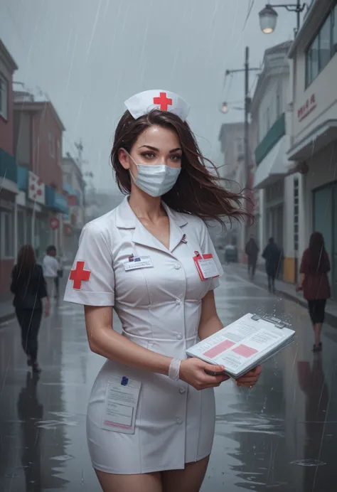 best quality, high resolution, ultra detailed, realistic, female nurse, holding medicines, wearing medical mask, heavy rain, win...