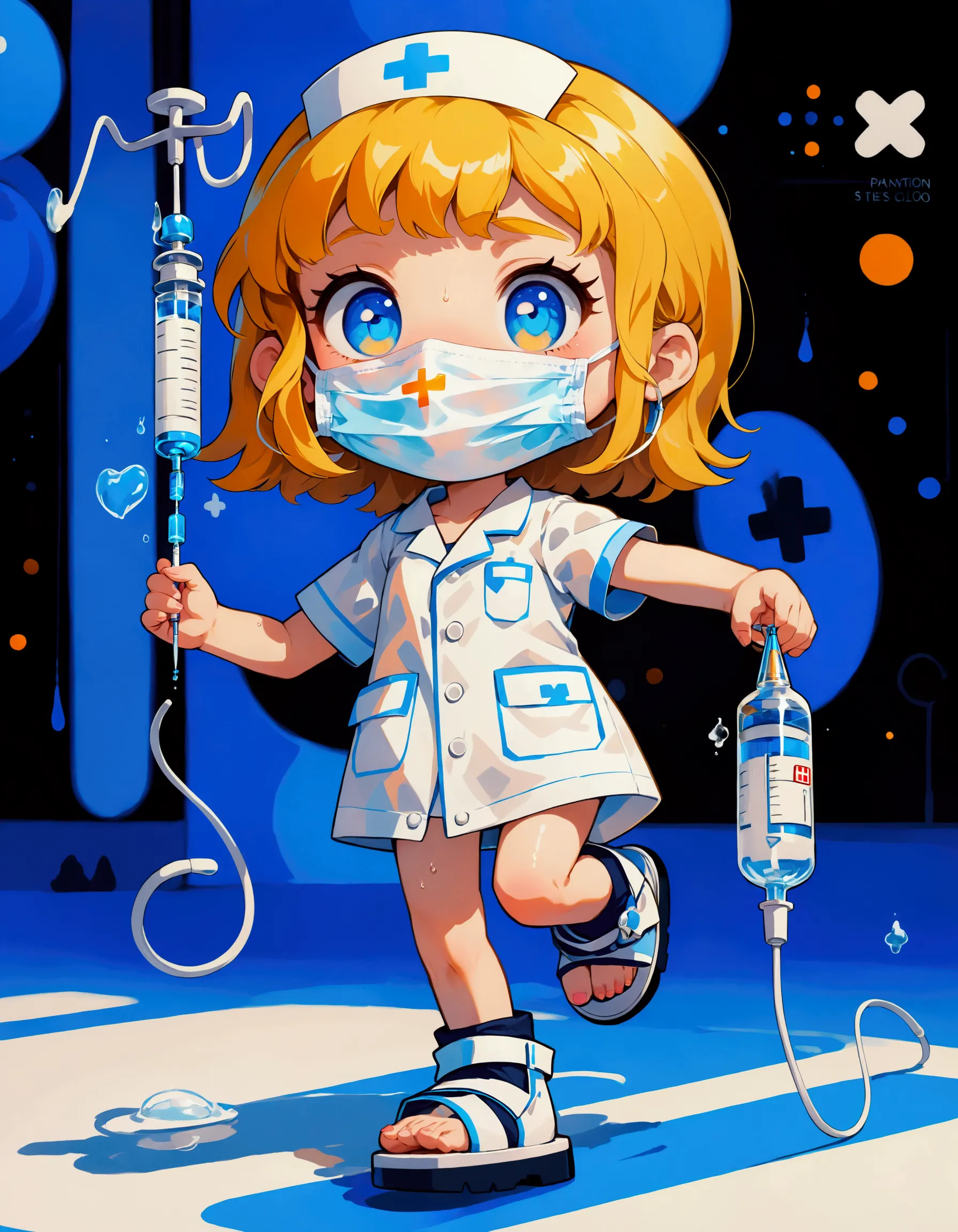 ultra-small deformation, chibi cute, 1girl, solo, full body, nurse, nurse cap, white nurse wear, ((white surgical mask, covered ...