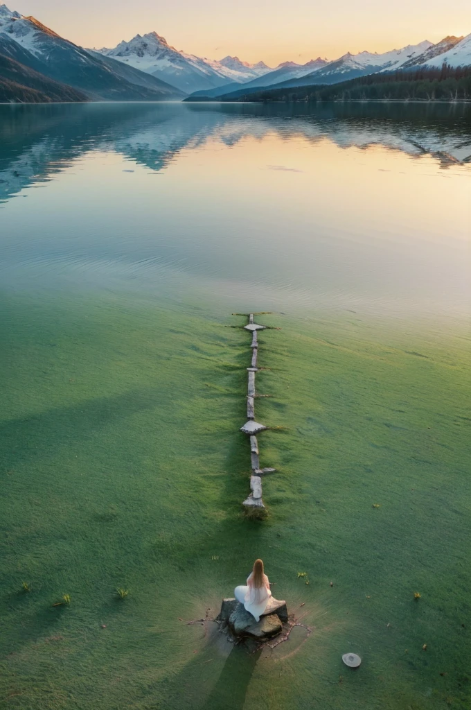 Crie uma imagem inspiradora e instigante que apresente a citação &quot;Aquele nível novamente&quot; em destaque. O fundo deve representar uma paisagem serena, simbolizando clareza mental e paz, como um lago calmo cercado por montanhas durante o nascer do sol. Incorpore elementos sutis que representem a saúde mental, como uma escada que leva ao horizonte ou uma pessoa meditando perto da água. Use suave, cores calmantes como azul e verde para evocar uma sensação de tranquilidade e reflexão.