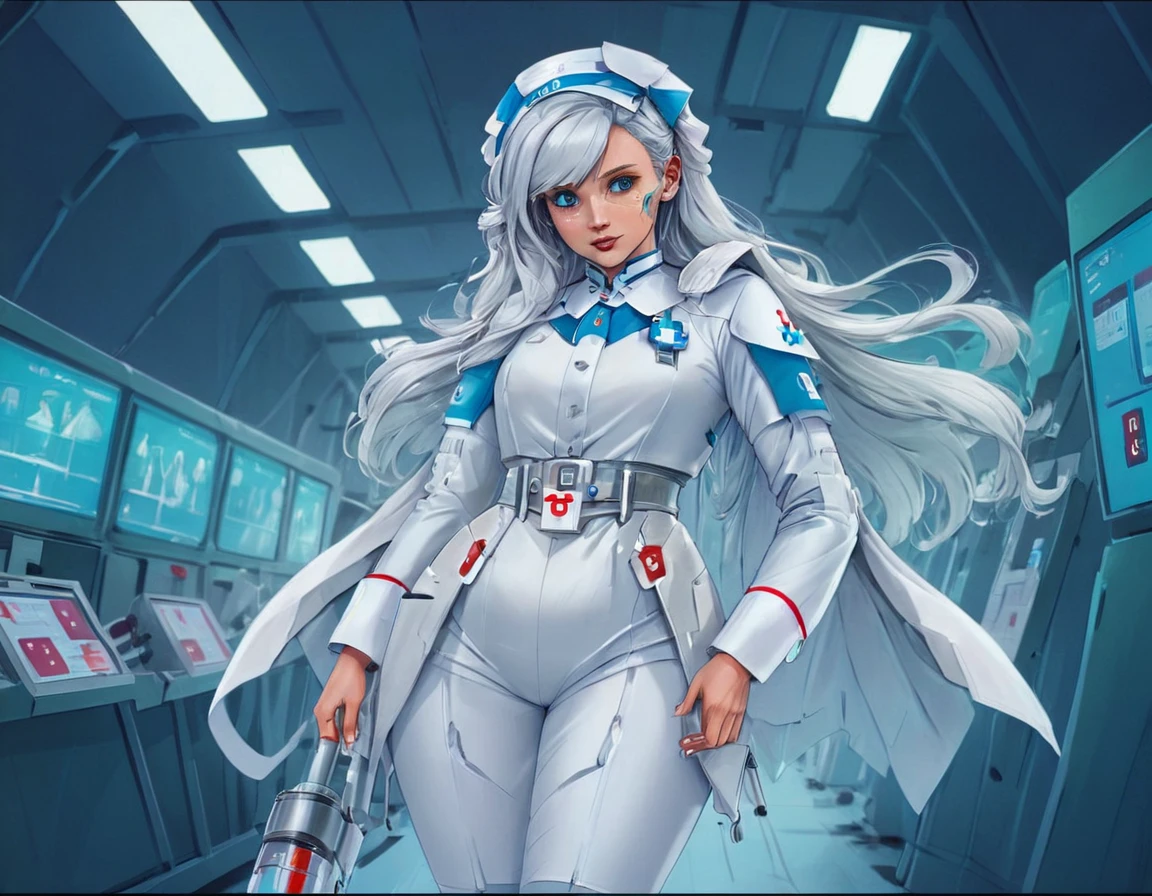 a picture of mech nurse in a futuristic hospital, exquisite beautiful nurse,  dynamic hair style, ((full body shot: 1.5)), ((anatomically correct: 1.5)), (ultra detailed face: 1.2), best detailed face, wearing white nurse robes, white pants, white high heels, delicate mechanical parts, she holds a syringe, cyberpunk hospital background, vibrant, Hyperrealism style, vibrant, Ultra-high resolution, High Contrast, (masterpiece:1.5), highest quality, Best aesthetics), best details, best quality, highres, ultra wide angle, 16k, [ultra detailed], masterpiece, best quality, (extremely detailed) RAW, mecha