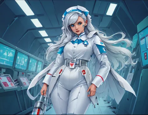 a picture of mech nurse in a futuristic hospital, exquisite beautiful nurse,  dynamic hair style, ((full body shot: 1.5)), ((ana...