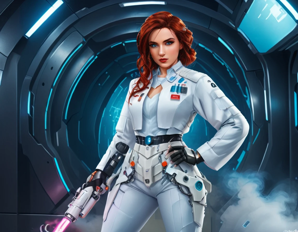 a picture of mech nurse in a futuristic hospital, exquisite beautiful nurse,  dynamic hair style, ((full body shot: 1.5)), ((anatomically correct: 1.5)), (ultra detailed face: 1.2), best detailed face, wearing white nurse robes, white pants, white high heels, delicate mechanical parts, she holds a syringe, cyberpunk hospital background, vibrant, Hyperrealism style, vibrant, Ultra-high resolution, High Contrast, (masterpiece:1.5), highest quality, Best aesthetics), best details, best quality, highres, ultra wide angle, 16k, [ultra detailed], masterpiece, best quality, (extremely detailed) RAW, mecha