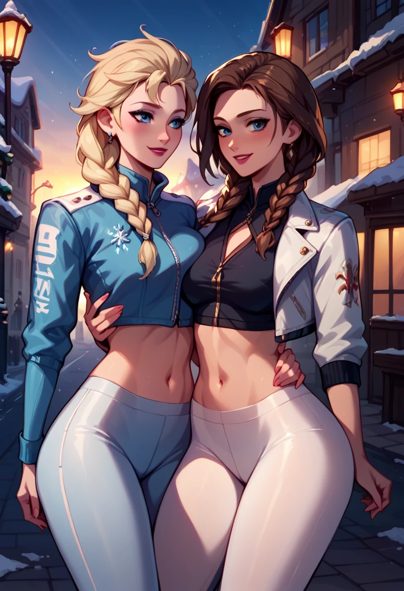 score_9, score_8_up, score_7_up, score_6_up, 2girls, elsa (blonde hair, braid, blue tights, cropped ski jacket, navel:1.1) and anna (brown hair, braided pigtails, white tights, cropped jacket, navel:1.3),, romantic scenes, on dates, snowy village street, lovers, in love, (groping:1.1), (cinematic lighting:1.2),, (sunset:1.2), cowboy shot.