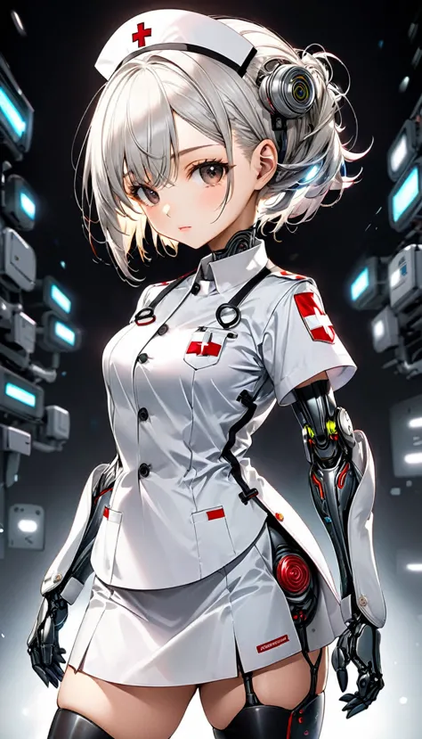 cool and cute nurse cyborg with streamlined form, nurse uniform, can do anything, special effects