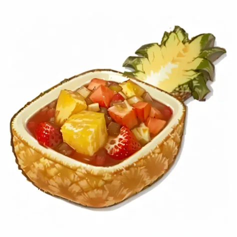 there is a bowl of fruit with a Pineapple on the side, (a bowl of fruit)!!!!!!!!!, stew, Pineapple, ( ( ( ( Kauai ) ) ) ), tropical fruit, bowl of fruit, Anime Food, Digital drawing, [ The art of math ]!!, A digital picture, ( ( ( Kauai ) ) ), delicious food, bowl, Amazing food illustrations