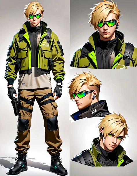 1male, blond-haired man in military uniform, cyberpunk street goon, hyper-realistic cyberpunk style, jetstream sam from metal gear, techwear look and clothes, cyberpunk streetwear, cyberpunk soldier, young blonde boy fantasy thief, soldier outfit, wearing techwear and armor, wearing japanese techwear, soldier 7 6 from overwatch, wearing cyberpunk streetwear, green eyes. Solo, Solo focus, Simple background, Multiple Views, Character Sheet Full-Length.