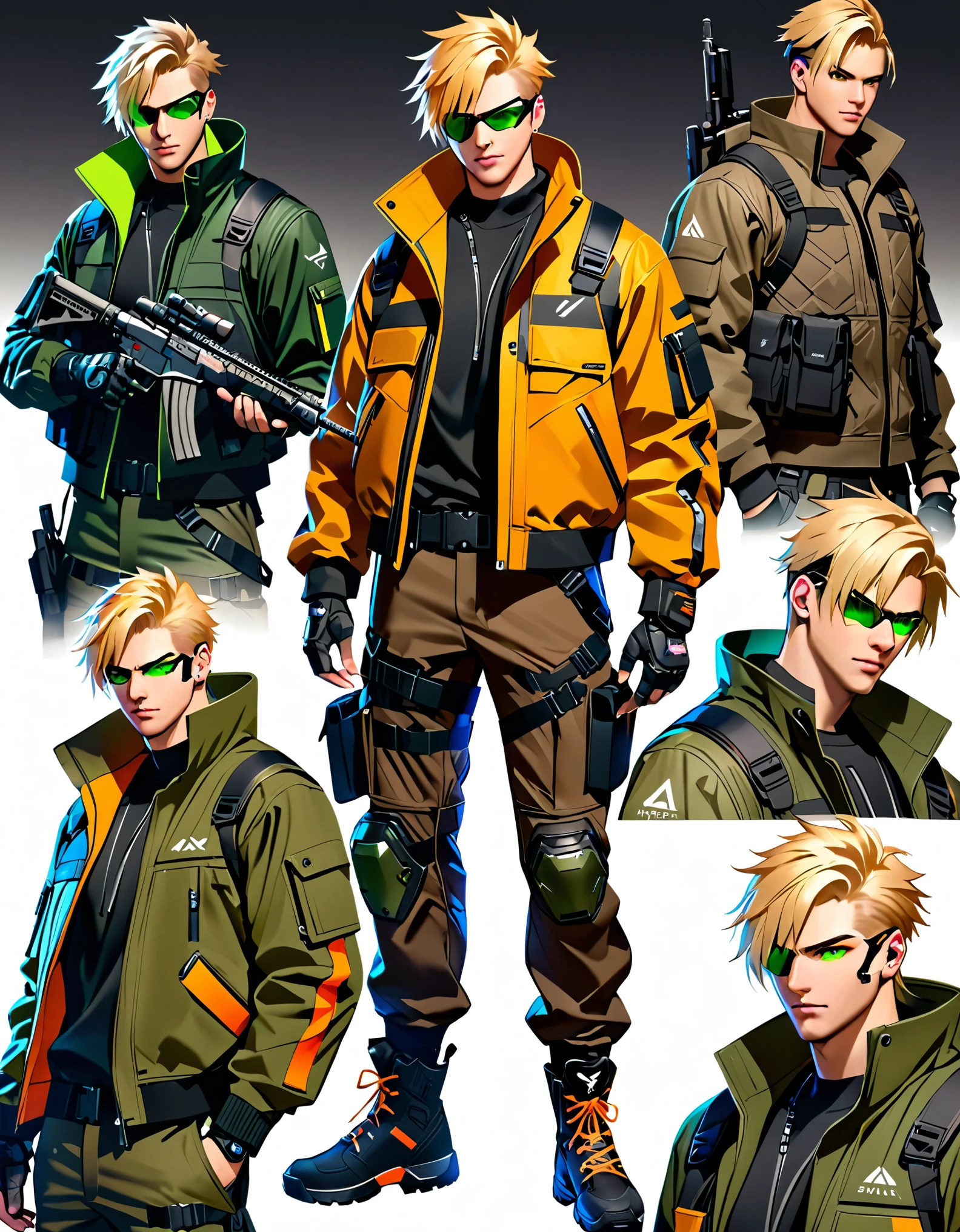 1mâle, un homme aux cheveux blonds en uniforme militaire, crétin de rue cyberpunk, style cyberpunk hyper réaliste, Sam Jetstream de Metal Gear, look et vêtements techwear, streetwear cyberpunk, soldat cyberpunk, voleur de fantaisie de jeune garçon blond, tenue de soldat, porter des vêtements techniques et une armure, porter des vêtements techniques japonais, Soldat 7 6 d’Overwatch, wearing streetwear cyberpunk, yeux verts. seulement, seulement focus, fond simple, plusieurs vues, Feuille de personnage intégrale.