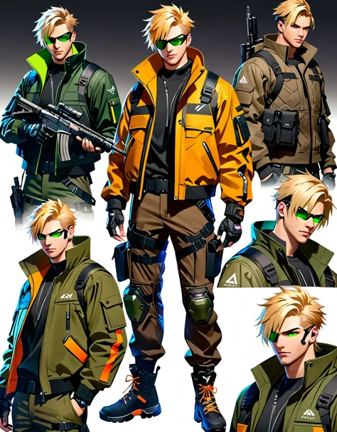 1male, blond-haired man in military uniform, cyberpunk street goon, hyper-realistic cyberpunk style, jetstream sam from metal gear, techwear look and clothes, cyberpunk streetwear, cyberpunk soldier, young blonde boy fantasy thief, soldier outfit, wearing techwear and armor, wearing japanese techwear, soldier 7 6 from overwatch, wearing cyberpunk streetwear, green eyes. Solo, Solo focus, Simple background, Multiple Views, Character Sheet Full-Length.