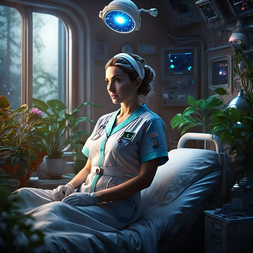 masterpiece, best quality, high resolution, realistic, detailed, Female nurse, science fiction hospital room in planetary orbit, artificial plants, nursing at bedside, stars in deep space seen from window, 