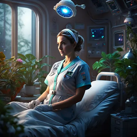 masterpiece, best quality, high resolution, realistic, detailed, Female nurse, science fiction hospital room in planetary orbit,...