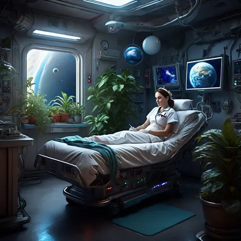 masterpiece, best quality, high resolution, realistic, detailed, Female nurse, science fiction hospital room in planetary orbit,...