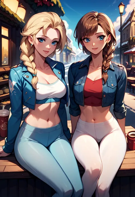 score_9, score_8_up, score_7_up, score_6_up, 2girls, elsa (blonde hair, braid, blue tights, cropped ski jacket, navel:1.1) and a...