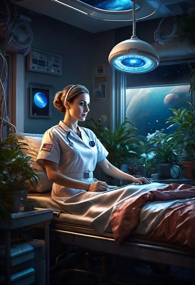 masterpiece, best quality, high resolution, realistic, detailed, Female nurse, science fiction hospital room in planetary orbit, artificial plants, nursing at bedside, stars in deep space seen from window, 