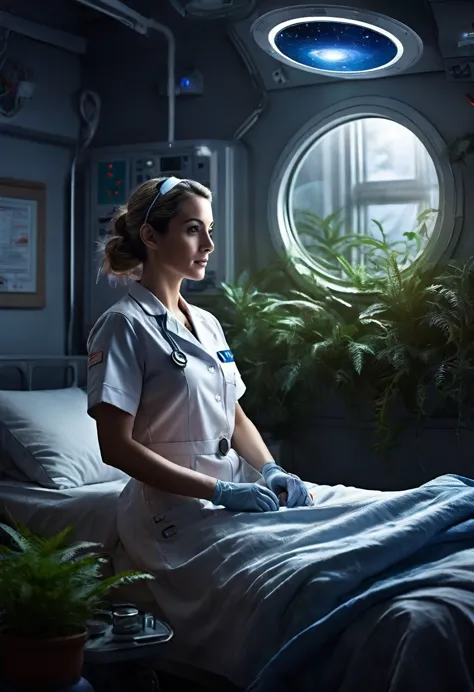 masterpiece, best quality, high resolution, realistic, detailed, Female nurse, science fiction hospital room in planetary orbit,...