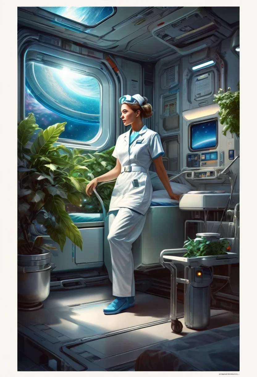 masterpiece, best quality, high resolution, realistic, detailed, Female nurse, science fiction hospital room in planetary orbit, artificial plants, nursing at bedside, stars in deep space seen from window, 