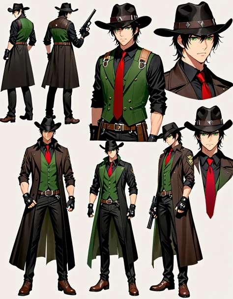 semi-realistic, solo, solo focus, 1 young black-haired man, dark green vest, serious look, 1 man, green eyes, full body shot, cowboy bounty hunter, black hat, black shirt, red necktie, long black coat, fingerless gloves, black pants, belt buckle, shoes, serious look, Simple background, Multiple views, Character Sheet Full-Length. Gun, revolver.