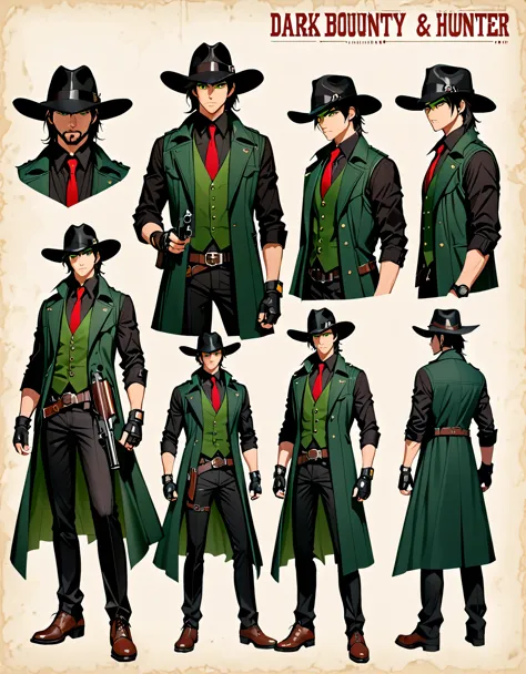 semi-realistic, solo, solo focus, 1 young black-haired man, dark green vest, serious look, 1 man, green eyes, full body shot, cowboy bounty hunter, black hat, black shirt, red necktie, long black coat, fingerless gloves, black pants, belt buckle, shoes, serious look, Simple background, Multiple views, Character Sheet Full-Length. Gun, revolver.