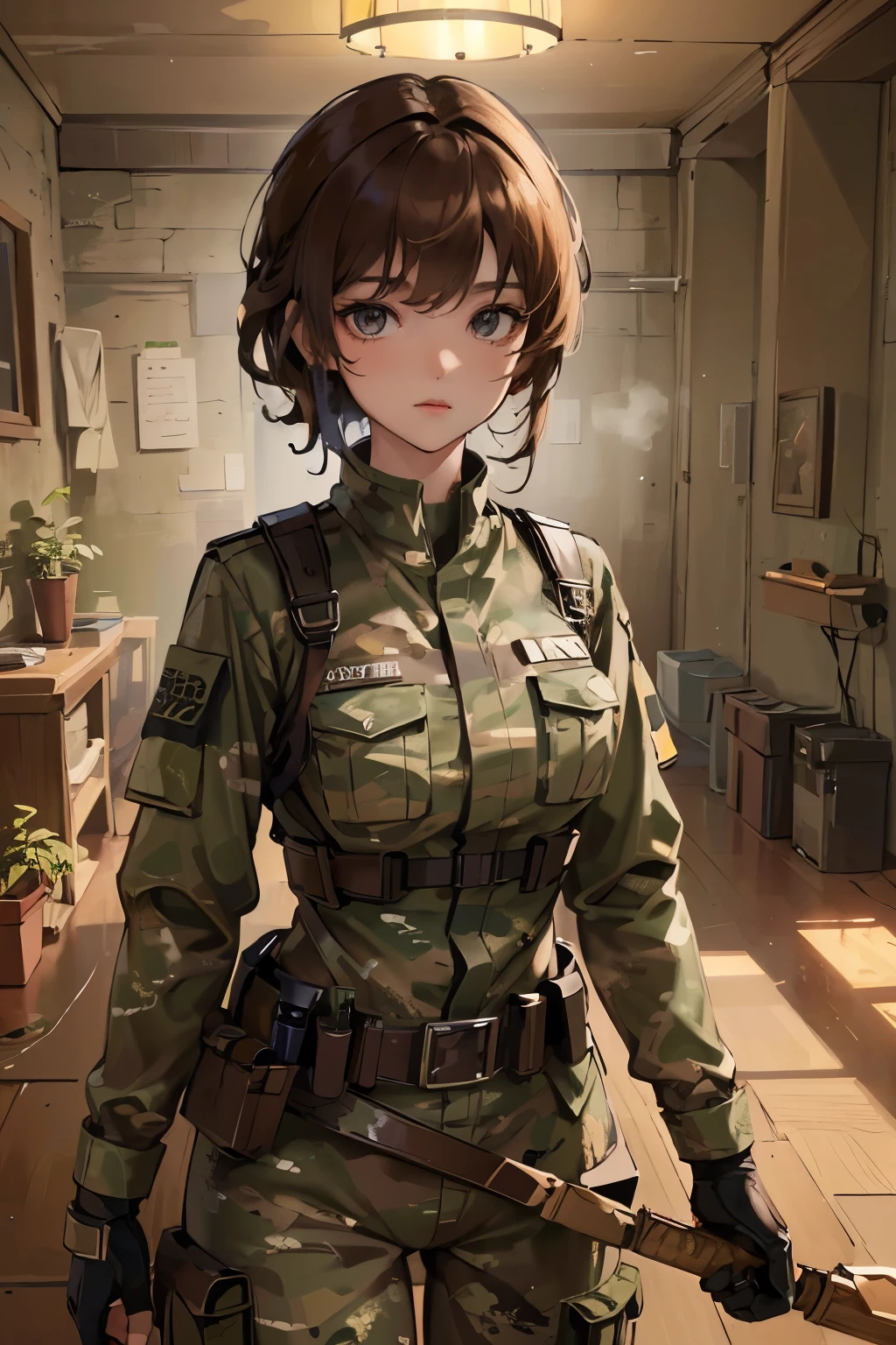 
masterpiece, best quality, (Highly detailed CG integrated 8k wallpaper), (best quality), (best illustration), (best shadow), (stable diffusion model), beautiful, cellar, dynamic lighting, depth of field, camouflage combat uniform, brown short hair, black eye, brown skin, 
