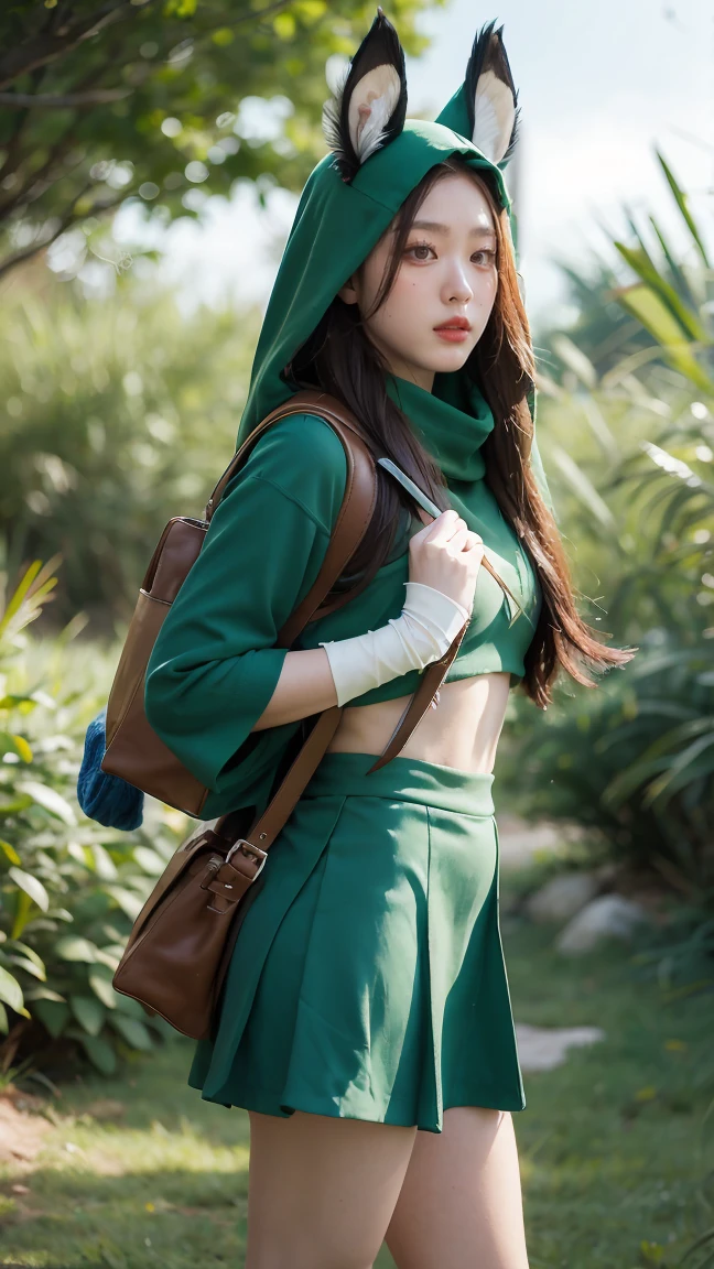 Grass, Sky, Field, League of Legends, 1girl, elf, druid, animal ears, bandage legs, long legs, bandage, bandage, bird legs, bird skull, cape, shut up, ears by headdress, eyes visible through hair, face drawings, feathers, hood, hooded cape, long hair, brown green eyes, Ginger, red hair, colorite hair, armor, blue scarf, scarf, scarf, scarf long hair, hooded scarf, green clothes, green skirt,  long skirt, leather armor, nose ring, nostrils, backpack