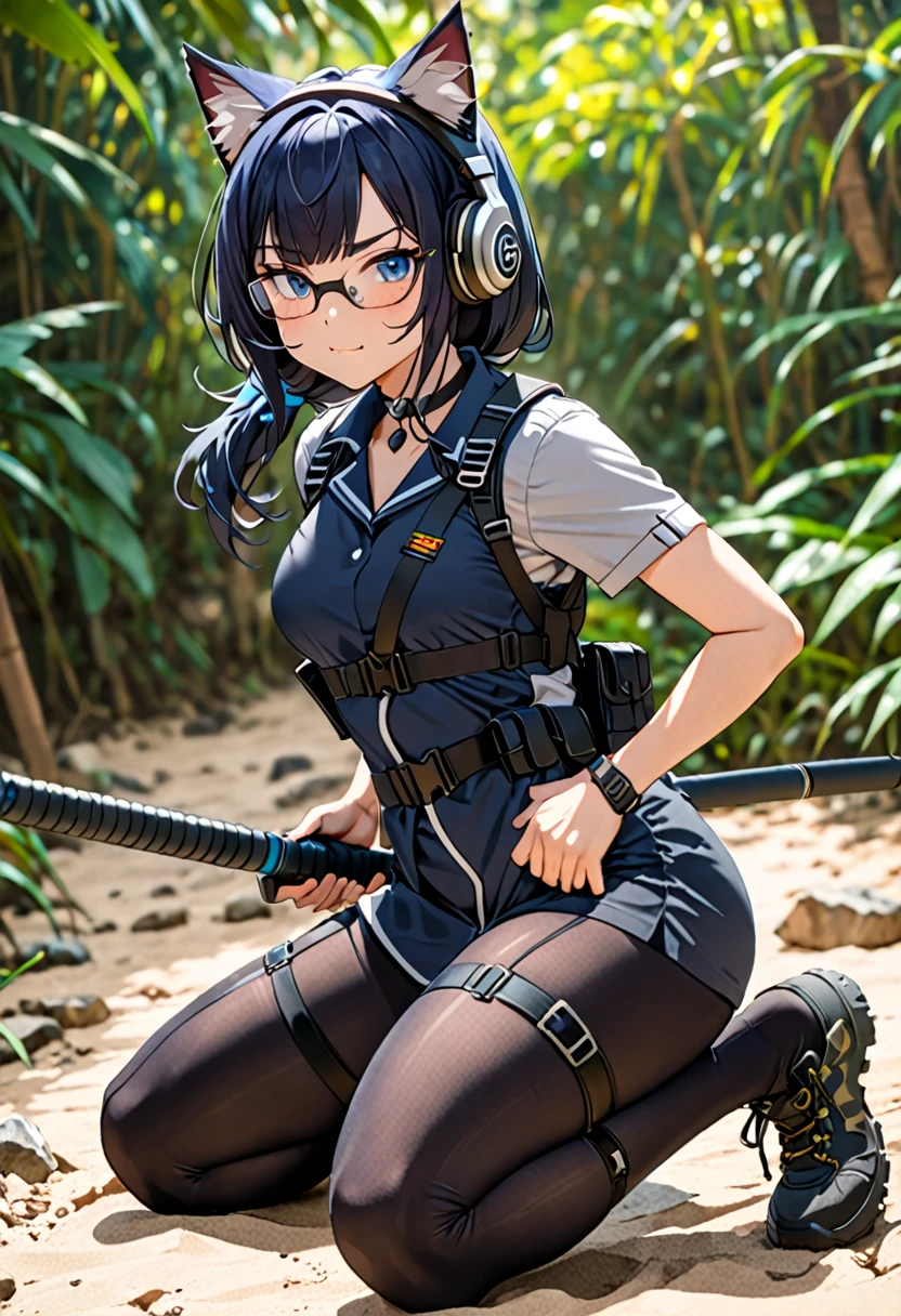 8K Ultra High-Quality, ultra-detailed, High quality, smug face, Dark Blue hair, Long hair, Headset, Goggles, cat girl, Grey Tactical clothes, Military clothes, black spandex under clothes, body harness, Looking at viewer, choker, crouching, glasses, full body, close up, back view