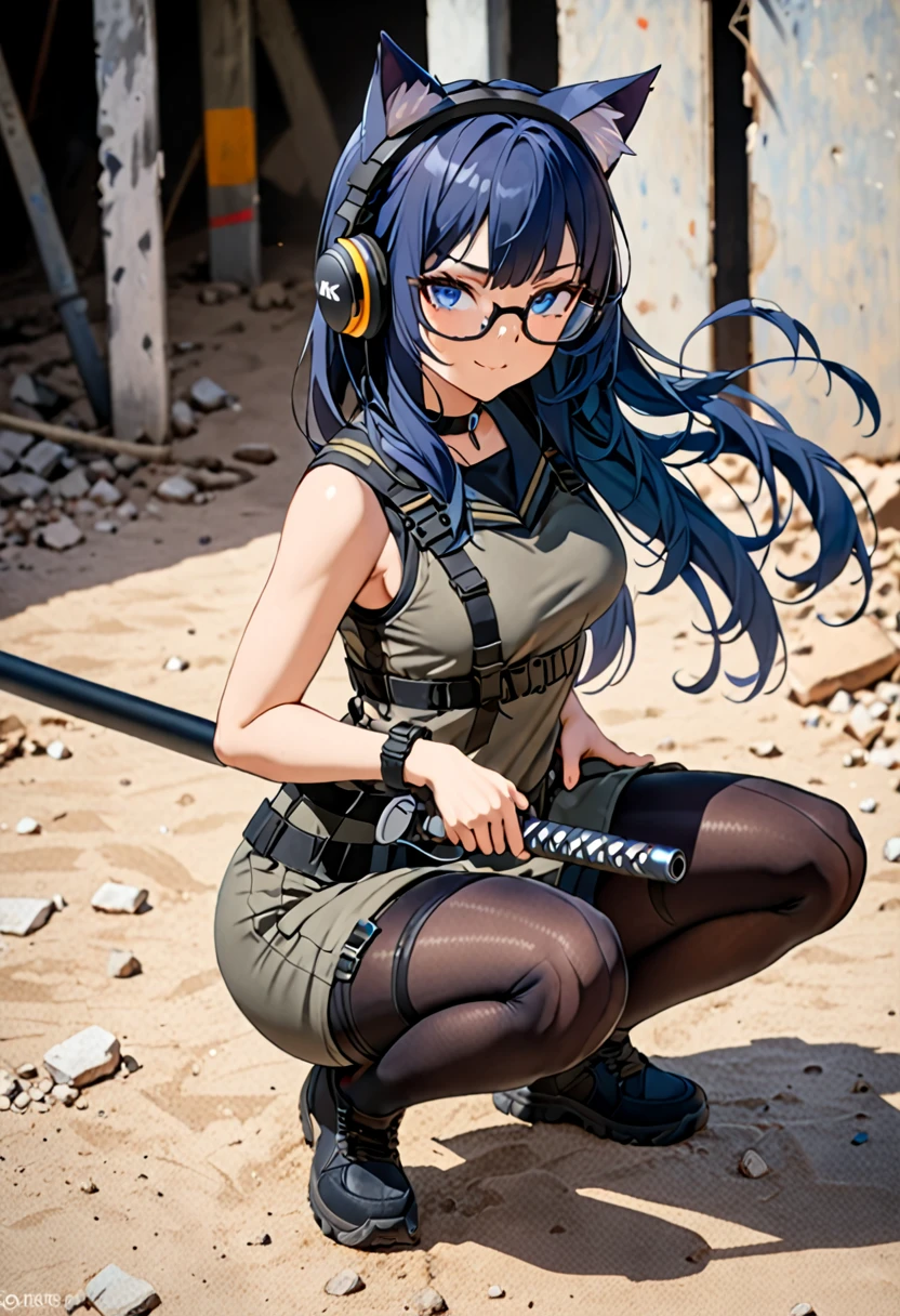 8K Ultra High-Quality, ultra-detailed, High quality, smug face, Dark Blue hair, Long hair, Headset, Goggles, cat girl, Grey Tactical clothes, Military clothes, black spandex under clothes, body harness, Looking at viewer, choker, crouching, glasses, full body, close up, back view