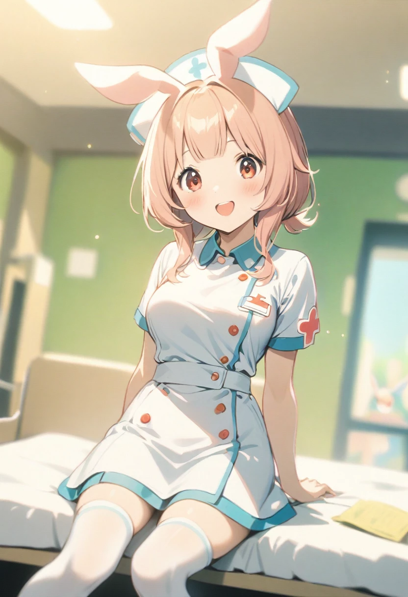 1girl, solo,thighhighs,smile, :d, sitting,open mouth, breasts, looking at viewer, blurry foreground, blush, depth of field, medium breasts, white thighhighs, ctwitter username, dutch angle, blurry,indoors,Nurse,Nurse uniform,Ward, bed,Hands behind your, Sigewinne (genshin impact),medium Breasts,red_eyes ,nurse,Bunny ears