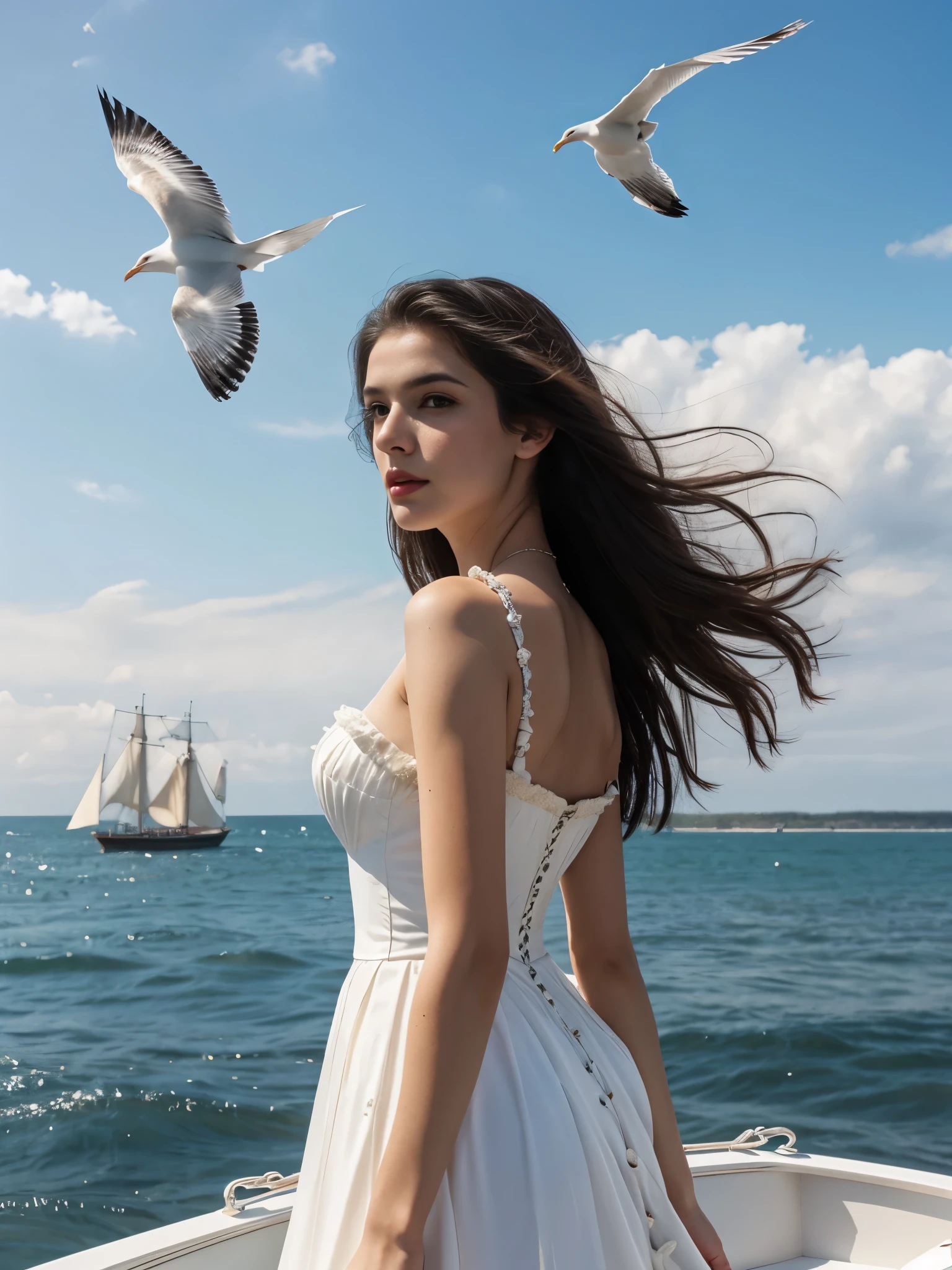 a woman, solo, long hair, black hair, dress, standing, sharp focus, outdoors, sky, day, cloud, water, clothes lift, from behind, blue sky, dutch angle, Victorian era, inspired by Milo Manara, seagulls, ocean, traditional media, beach, watercraft, ship, waves, boat, seagull, film grain, dramatic ambiance