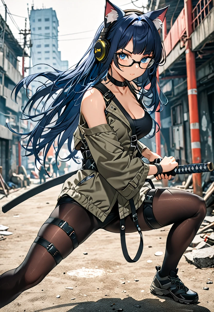 8K Ultra High-Quality, ultra-detailed, High quality, Dark Blue hair, Long hair, Headset, Goggles, cat girl, Grey Tactical jacket, Military clothes, black spandex under clothes, body harness, leg harness, black katana, Looking at viewer, choker, crouching, glasses, full body, close up, back view, urban background