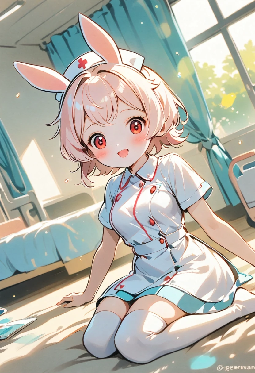 1girl, solo,thighhighs,smile, :d, sitting,open mouth, breasts, looking at viewer, blurry foreground, blush, depth of field, medium breasts, white thighhighs, ctwitter username, dutch angle, blurry,indoors,Nurse,Nurse uniform,Ward, bed,Hands behind your, Sigewinne (genshin impact),medium Breasts,red_eyes ,nurse,Bunny ears