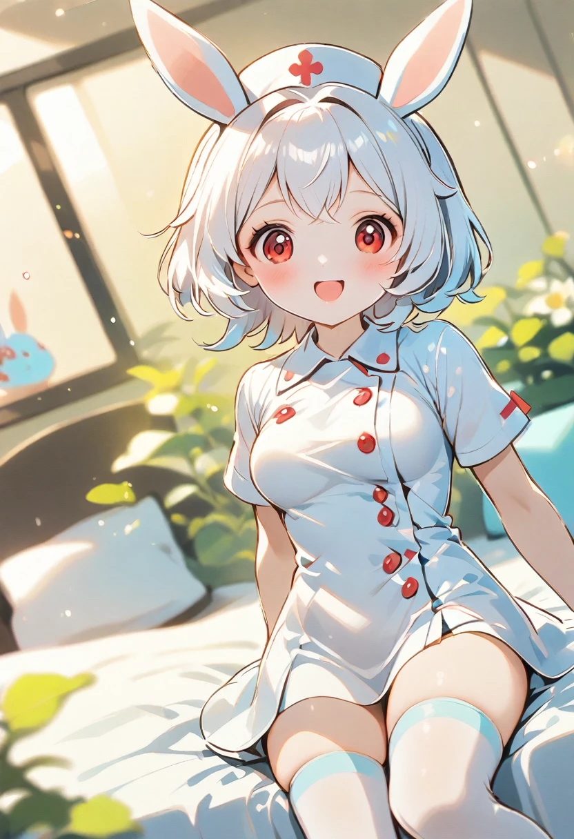 1girl, solo,thighhighs,smile, :d, sitting,open mouth, breasts, looking at viewer, blurry foreground, blush, depth of field, medium breasts, white thighhighs, ctwitter username, dutch angle, blurry,indoors,Nurse,Nurse uniform,Ward, bed,Hands behind your, Sigewinne (genshin impact),medium Breasts,red_eyes ,nurse,Bunny ears