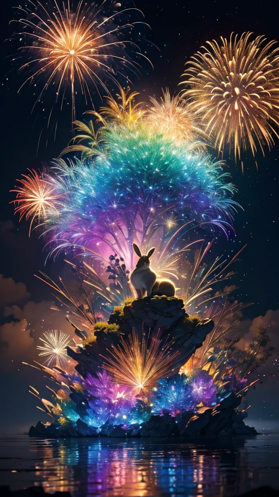 Rainbow colorsのウサギ、rabbit、Parent and  rabbit、、White Rabbit、Surrounded by rabbitysterious Landscape、firework、firework大会、Rainbow colorsのfireworkが打ちあがっている瞬間、夜nullとともに、幻想的な海景色で壮大なfirework、future都市、Highest quality、masterpiece, (Diffuse reflection of light:1.2), When the fantastic rainbow turns into shadow, bathed in a mystical atmosphere.The baby bears are watching too, Cast magic spells. evoke a sense of wonder and awe. A fusion of natural grandeur and magic, Weaving dreams into reality. Behold, null, And the unknown, Fleeting、And an eternal moment, 16K, Ultra-high resolution.Realistic, Ultra-high resolution, to be born,future、Rainbow colorsに光り輝く、Rainbow colors、The world 30 years from now。