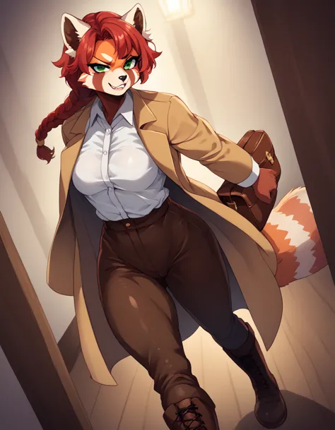 solo, score_9, score_8_up, score_7_up, kemono style, kimiko, an anthro furry red panda girl, red furry body, red panda tail, , b...