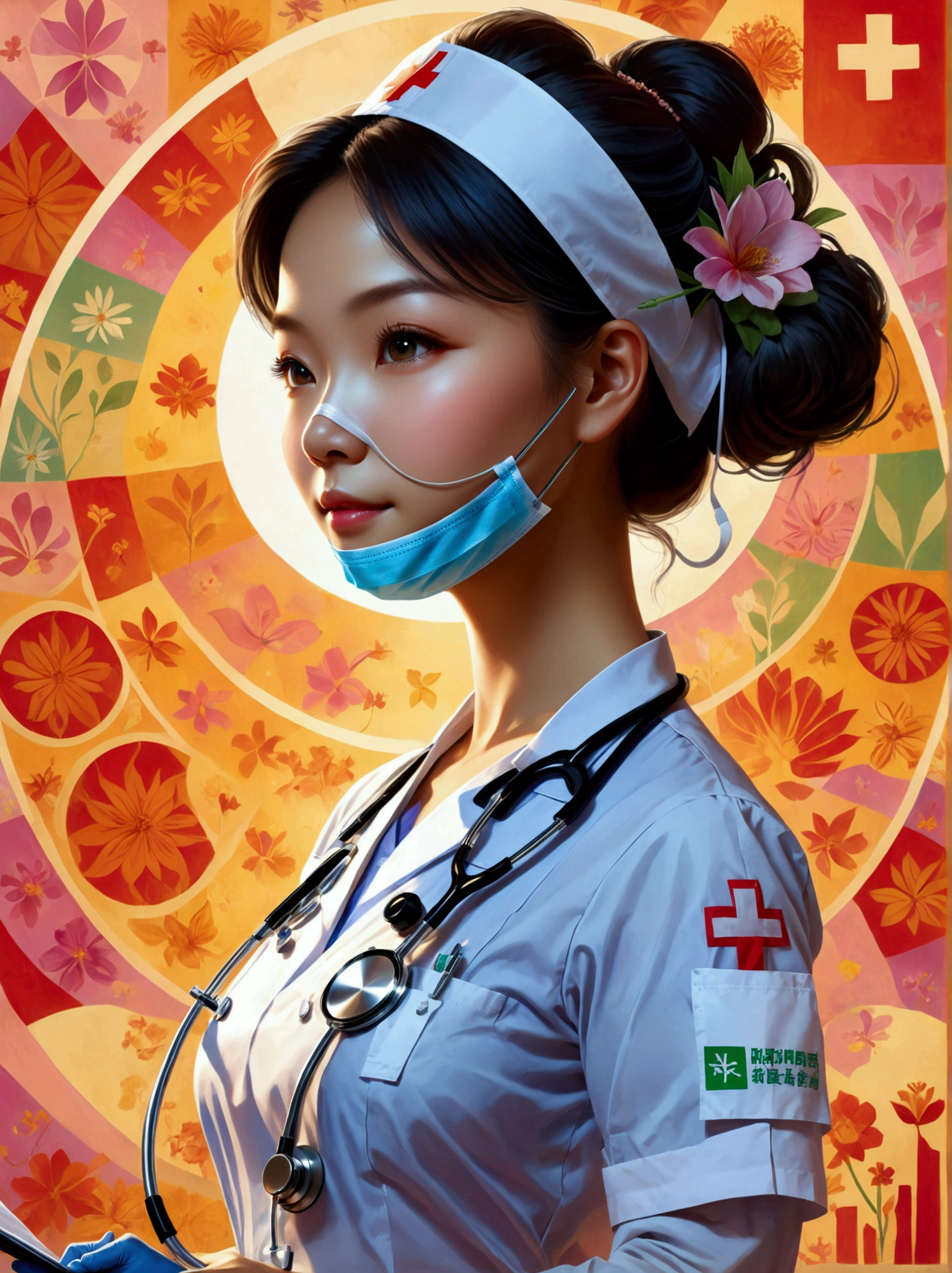 A scene in honor of International Women's Day featuring a nurse. The nurse is an Asian woman, standing bravely with a mask and glove, symbolizing the frontline workers during the global pandemic. She wears a traditional white uniform, her hair is neatly tied back, and she has a compatible stethoscope around her neck. In her hand is a clipboard, indicating her duty to monitor the health of patients. The background is filled with symbols of womanhood and empowerment, including the international women's day logo, and a globe representing global unity and support for women's rights.