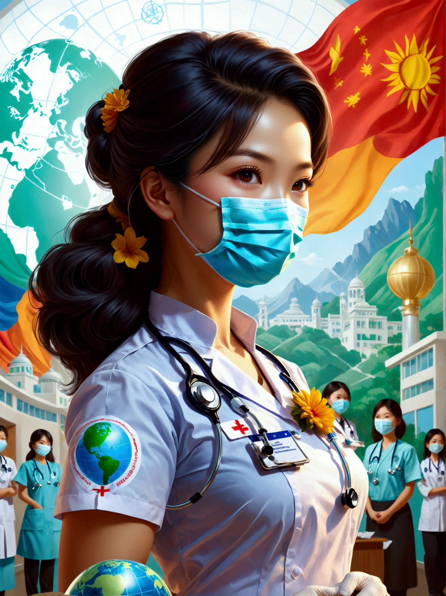 A scene in honor of International Women's Day featuring a nurse. The nurse is an Asian woman, standing bravely with a mask and glove, symbolizing the frontline workers during the global pandemic. She wears a traditional white uniform, her hair is neatly tied back, and she has a compatible stethoscope around her neck. In her hand is a clipboard, indicating her duty to monitor the health of patients. The background is filled with symbols of womanhood and empowerment, including the international women's day logo, and a globe representing global unity and support for women's rights.